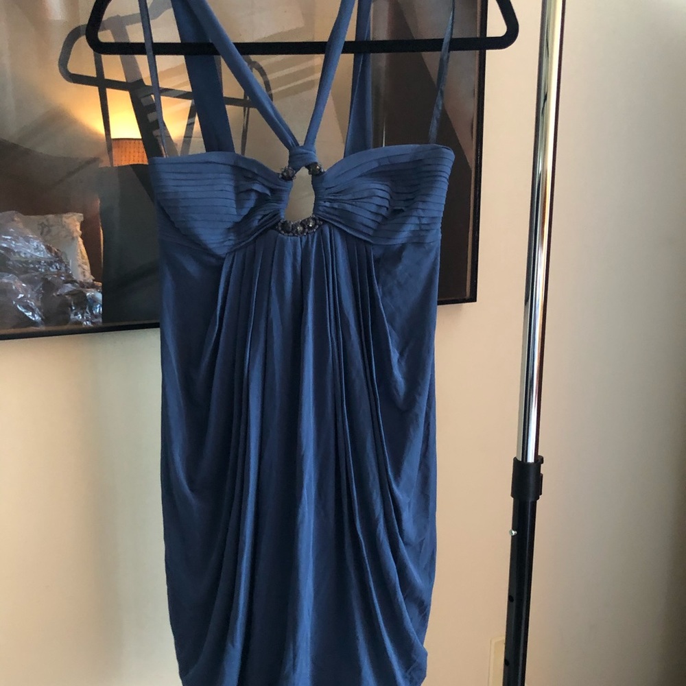 Blue crossover BCBG MAXAZRIA cocktail dress